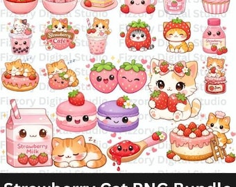 Ensemble PNG fraise chat | Clipart chat kawaii mignon, dessert aux fraises animaux, sublimation des fichiers PNG, téléchargement immédiat