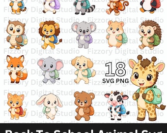 Bundle de la rentrée scolaire SVG | Clipart PNG animal d'école mignon, fichiers de coupe Cricut Kawaii pour enfants chemises et travaux manuels