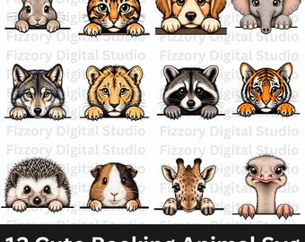 Ensemble SVG animal furtif mignon | Lot de 12 cliparts PNG animaux, fichiers coupés Safari et Woodland pour travaux manuels Cricut