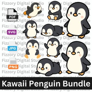 May include: A collection of cartoon penguin illustrations in various poses, including sitting, waving, and lying down. The penguins are black and white with orange feet and beaks. The text "Kawaii Penguin Bundle" is at the bottom.