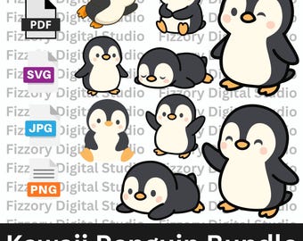 Lot de cliparts pingouin kawaii | Graphiques pour chambre d'enfant (PNG, SVG, PDF) (téléchargement instantané)