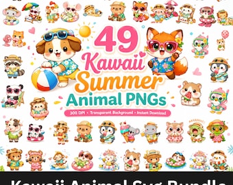 Ensemble PNG d'animaux d'été kawaii | 49 cliparts animaux mignons d'été, drôles d'animaux de plage, sublimation fichiers PNG, téléchargement immédiat