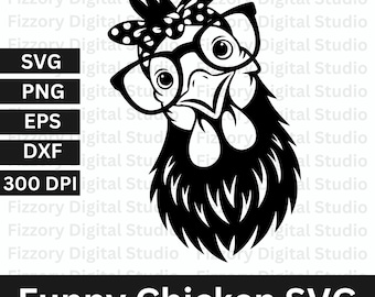Poulet drôle SVG, poule avec des lunettes, fichier de coupe ferme, Cricut Design (png, dxf, eps)