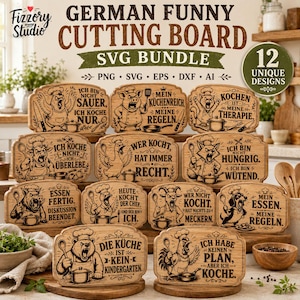 May include: A digital graphic display featuring 12 wooden cutting board designs with German text and illustrations of animals in chef hats. The text includes phrases like 'Ich bin nicht sauer, ich koche nur' and 'Die Küche ist kein Kindergarten' with various cooking tools.