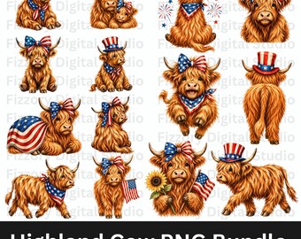 Vache Highland PNG | Vache patriotique 4 juillet PNG | des cliparts 250e anniversaire des États-Unis | Conception de sublimation des États-Unis