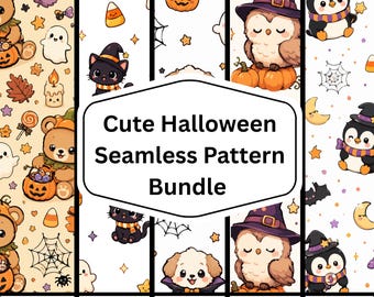 Niedliches Halloween Musterdesign PNG JPG | Eule Bär Katze Hund Pinguin Muster | Gruseliges Kawaii Digitales Papier | 360 DPI
