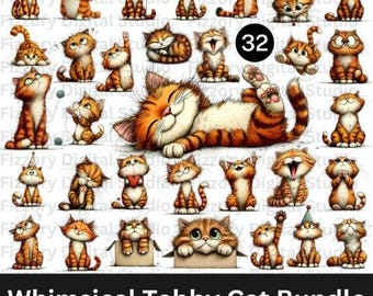 Whimsical Tabby Cat PNG Bundle | Cute Orange Cat Clipart, Watercolor Kitten PNG JPG, Cat Lover Graphics, Instant Download