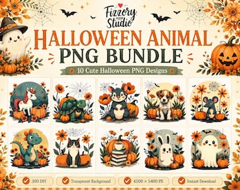 Ensemble PNG d'animaux d'Halloween | Joli clipart Halloween, lapin fantôme, chat, souris, tortue, chien, dinosaure, fichiers PNG, téléchargement immédiat