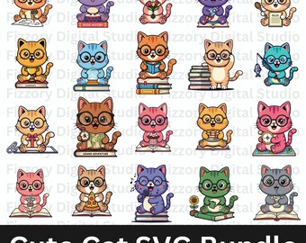 Niedliche Katze SVG Bundle | Kawaii Katze Clipart Set | 20 Katzen lesen, Kochen & Schule Designs | Cricut PNG PDF-Schnitt-Dateien