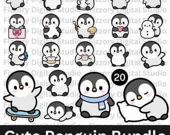 Bundle mignon pingouin SVG, clipart pingouin kawaii PNG, pack de graphiques bébé pingouin, chambre d'enfant art animaux imprimable