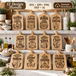 May include: A collection of twelve wooden cutting boards featuring various German text phrases and cartoon vegetable illustrations, presented as a digital design bundle including SVG, EPS, PNG, DXF, and AI file formats for instant download.