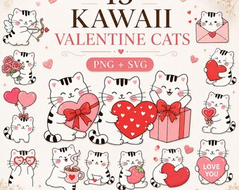 Bundle de cliparts chat de la Saint-Valentin, fichiers PNG SVG chat Kawaii, amour mignon chat Clipart, Bundle PNG la Saint-Valentin, fichiers de coupe Cricut