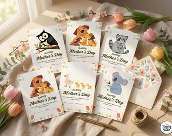 Muttertag druckbare Karten-Bundle | Süße Tier Mom Karten, Sofortiger Download PDF für Kinder, DIY Muttertagsgeschenk