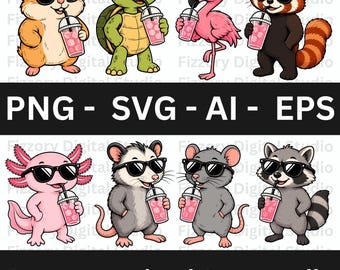 Ensemble SVG animaux d'été | 8 fichiers Eps Svg Ai Png animaux mignons, clipart boisson tropicale, fichiers de coupe Cricut, téléchargement immédiat