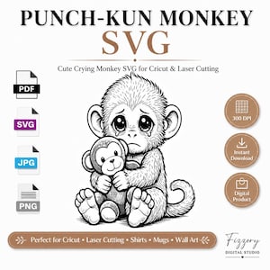 パンチくん風ベビーモンキーSVG | 感動的な線画ウォールアート（デジタルダウンロード）