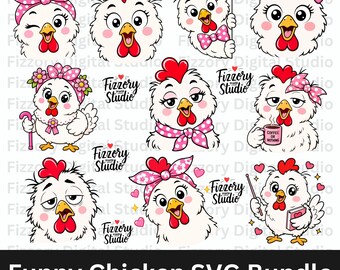 Ensemble SVG poulet drôle | Clipart PNG de poule mignonne | Fichier de découpe de poulet fermier pour Cricut, Silhouette et travaux manuels