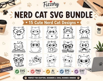 Nerd Cat SVG Bundle | 15 Cute Cat SVG Files, Geeky Kitten Clipart Png EPS Dxf Ai, Cricut Cut Files, Instant Download