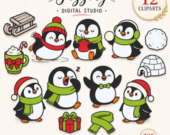 Christmas Penguin Clipart Bundle, Winter Penguin SVG EPS AI Files, Cute Holiday Penguin Clipart, Cricut Cut Files, Sticker Sheets