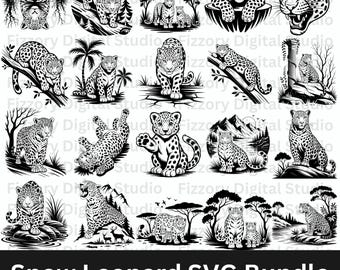 Ensemble SVG léopard des neiges | 20 dessins PNG léopard, fichiers de coupe Cricut faune, vecteur EPS, téléchargement immédiat