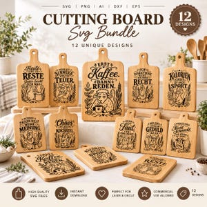 German Funny Cutting Board SVG Bundle, 12 Sarcastic Kitchen Quotes (Digital Download)