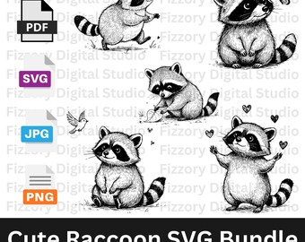 Baby Waschbär Clipart Paket - Vintage Gravur Waldtiere (SVG, PNG, PDF)