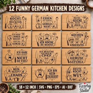 May include: A collection of 12 rectangular light wood cutting boards featuring engraved German text and illustrations of angry anthropomorphic vegetables, knives, and kitchen utensils, presented as a digital design set.