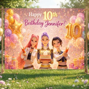 Personalized Girls Birthday Party Backdrop, Custom Kpop Pop Star Theme Banner, Glitter Photo Booth Large Sign.