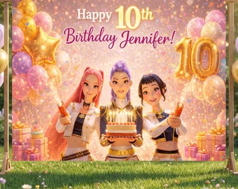 Personalized Girl's Birthday Party Backdrop, Custom K-Pop Idol Theme Banner, Customizable Sparkly Photo Prop Large Sign.