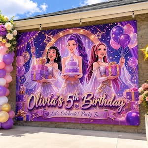 May include: A large rectangular purple birthday banner featuring three illustrated characters holding gifts and a cake, with the text "Olivia's 5th Birthday" and "Let's Celebrate! Party Time!" printed in gold and purple script against a starry background.