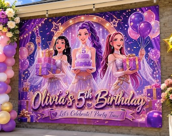 May include: A large rectangular purple birthday banner featuring three illustrated characters holding gifts and a cake, with the text "Olivia's 5th Birthday" and "Let's Celebrate! Party Time!" printed in gold and purple script against a starry background.