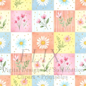 Pode incluir: Um design de patchwork com flores e folhas em aquarela em quadrados rosa, azuis, amarelos e laranja. Pontos dourados acentuam as costuras. O texto "Digital Designs for Sublimation, Clipart, Printables" é visível.