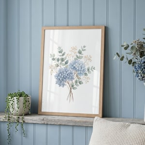 Coastal Cottage frame mockup PSD, A3 verticaal slim object, blauwe beadboard hortensia woonkamer