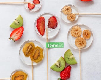 Echte Frucht Lollipop • Zuckerfreie Bonbons mit Erdbeere, Banane, Kiwi