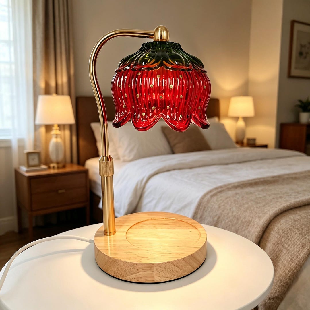 Strawberry Stained Glass Candle Warmer Lamp, Vintage Fruit Lamp, Adjustable Height Candle Warmer, Wooden Base Wax Melt Warmer
