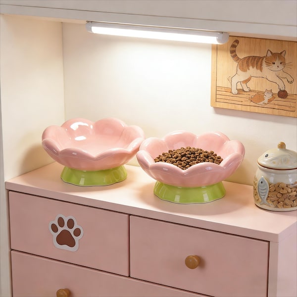 Handmade Ceramic Pet Bowl – Elevated Pink Tulip Design for Neck Health