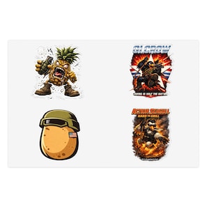 Könnte beinhalten: Vier Aufkleber-Designs mit Cartoon-Charakteren. Eine Ananas mit einer Granate, eine Kartoffel mit Helm und amerikanischer Flagge, ein Vogelsoldat mit dem Text "Action Seagull Hard to Grill" und ein Vogelsoldat mit dem Text "G.I. Crow".