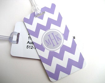 Luggage Tag Pair - Lavender and White Chevron Custom Monogram Luggage Tag - Personalized Luggage Tag - Travel Tag - Your Monogram