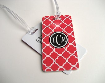 Luggage Tag Pair - Red and Black Quatrefoil Luggage Tag - Monogram Luggage Tag - Quatrefoil  Travel Tag