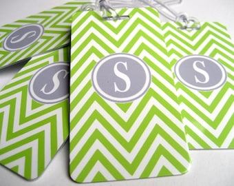 Luggage Tag - Family 4 -Pack Chevron Luggage Tags- Custom Lime Green Monogram Luggage Tag Set