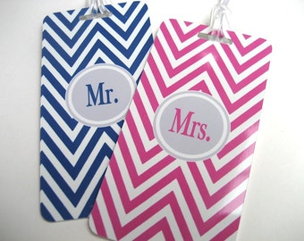 Luggage Tag - Mr and Mrs Luggage Tags -  His and Hers Chevron Luggage Tags-  Wedding Luggage Tag Set - Hot Pink - Navy Blue