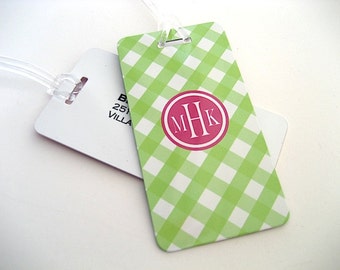 Luggage Tag Pair - Lime Green and Pink Gingham Custom Monogram Luggage Tag - Personalized Luggage Tag - Travel Tag - Your Monogram