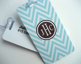 Luggage Tag Pair - Light Blue and White Chevron Custom Monogram Luggage Tag - Personalized Luggage Tag - Travel Tag - Your Monogram