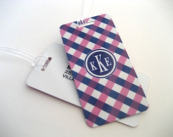 Luggage Tag Pair - Pink and Navy Blue Gingham Custom Monogram Luggage Tag - Personalized Luggage Tag - Travel Tag - Your Monogram