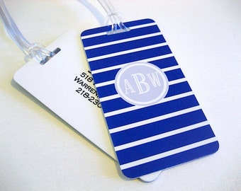 Luggage Tag Pair - Navy Blue and White Stripe Custom Luggage Tag - Roman Monogram - Personalized Luggage Tag - Travel Tag - Your Name