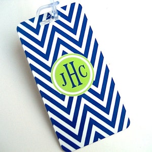 Luggage Tag PAIR Navy Blue and White Chevron Custom Lime Green Monogram Luggage Tag Personalized Luggage Tag image 1