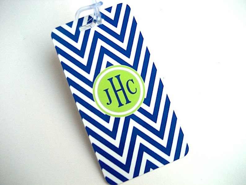 Luggage Tag PAIR Navy Blue and White Chevron Custom Lime Green Monogram Luggage Tag Personalized Luggage Tag image 1