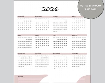 May include: A 2026 calendar, printable in A4 Letter Size. The calendar has a clean design with monthly layouts, including dates and days of the week. The background has a dotted design.