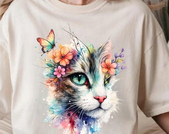 Watercolor Cat Shirt, Artistic Floral Cat T Shirt, Colorful Boho Kitty Graphic Tee, Aesthetic Pet Lover Gift for Her