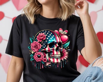 American Flag Skull T-Shirt, Gothic Floral Patriotic Tee