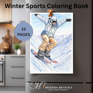 Może przedstawiać: Kolorowanka zatytułowana "Winter Sports Coloring Book" z rysunkiem snowboardzisty w białej kurtce i beżowych spodniach. Książka ma 15 stron. Na górze przymocowana jest mała figurka psa.